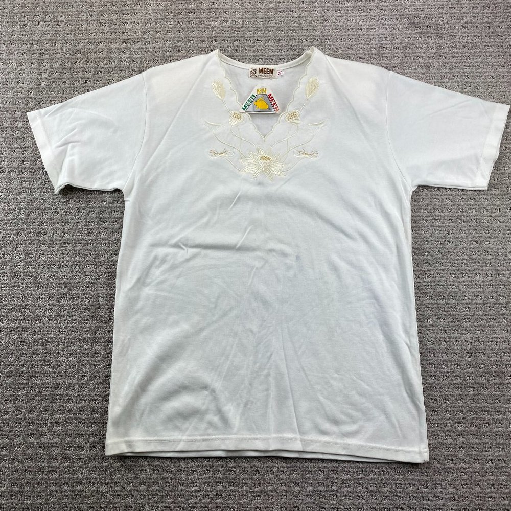 Vintage Meen Shirt Womens Medium M White Floral Embroidered with Shoulder Pads